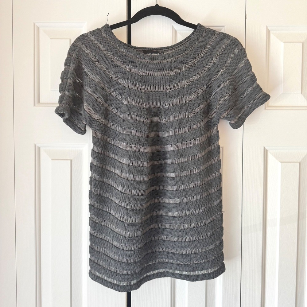 Giorgio Armani Grey Metallic Striped Knit Top Short Sleeve Made in Italy Size 46